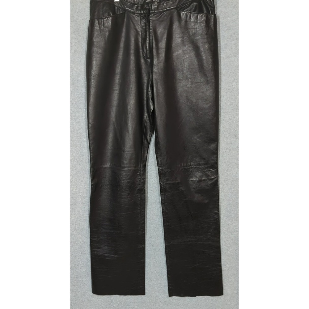 Vtg Black Leather Pants 6 Straight Leg Raw Hem Minimalist Kenneth Cole NY Classy